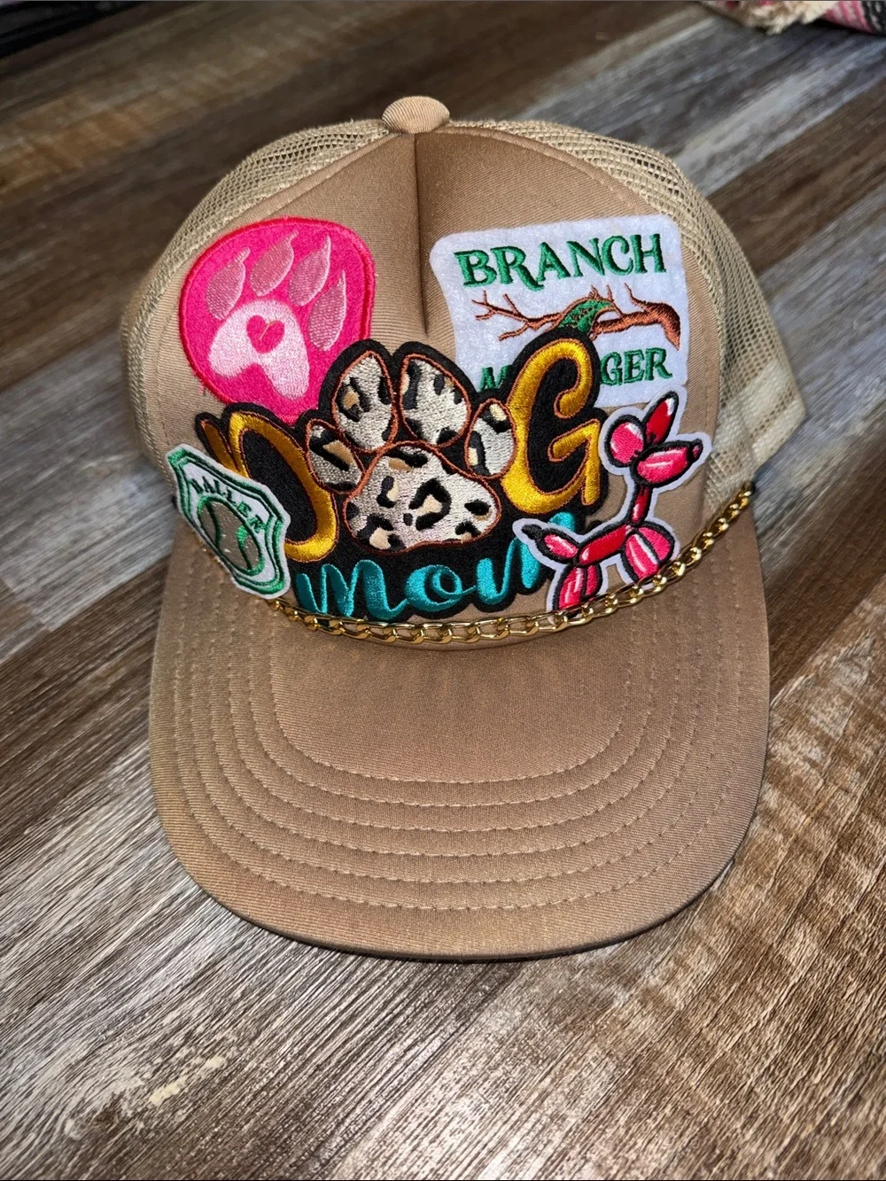 Women’s Beige Patchwork Trucker Hat with Pink and Teal Accents